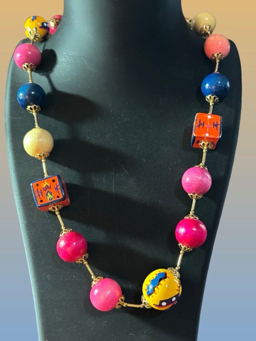 Hand-Painted Chunky Colorful Vibrant Beaded Necklace Vibrant Gold Accents